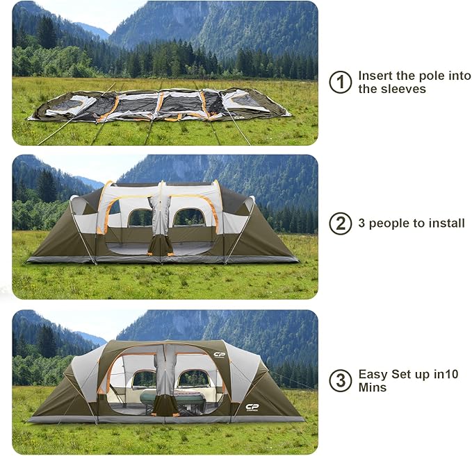 CAMPROS CP Tent 12-Person-Camping-Tents,3 Room Family Tents,Waterproof Windproof Family Tent with Top Rainfly,6 Large Mesh Windows,Double Layer,Easy Set Up, Portable with Carry Bag-20' x 9' x 72"(H)
