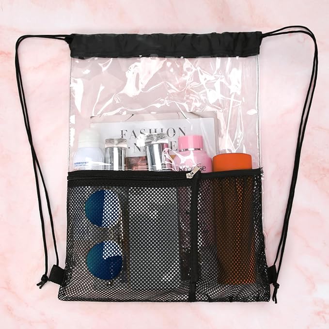 NATURAL STYLE 2 PACK Clear Drawstring Bag Stadium Approved, See Through Transparent PVC Drawstring Backpack, Clear Bag for for Concert Sport Festival Travel Work (Black)