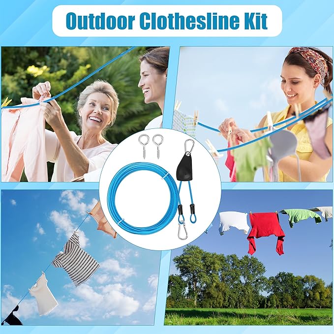 20FT Retractable Travel Clothesline, Adjustable Outdoor Clothesline Drying Clothes Line Laundry for Travel Camping, with Ratchet Pulley/ 2 Screws/ 2 Buckles (Blue)