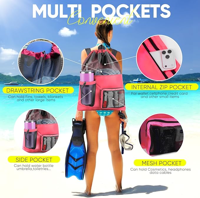 HOHOM Swim Mesh Beach Bag, Waterproof Gym Bags for Women and Men, Large Pool Bag Swimming Gear Drawstring Backpack