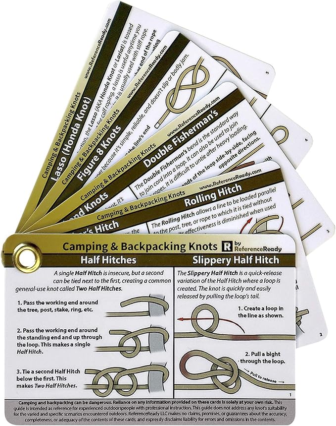 ReferenceReady Outdoor Knots Pocket Guide - Waterproof Knot Tying Cards with Mini Carabiner, 22 Rope Knots for Camping, Backpacking, Scouting and Wilderness Survival