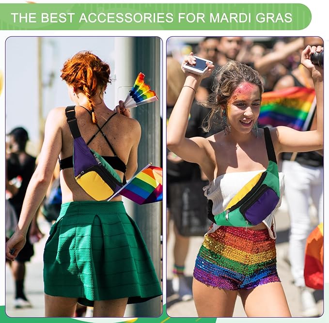 Abbylike 2 Pcs Mardi Gras Neon Fanny Packs Adjustable Waist Bags Party Outfit Accessories for Women Men Travelling Outdoors Cycling (Mardi Style)