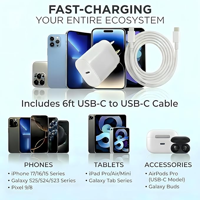 TT&C 30W USB-C Super Fast Charger with 6ft Type C Cable, PD Wall Block Compatible with iPhone 17/16/15 Pro Max/Air, iPad Pro, and Galaxy S25/S24-1 Pack