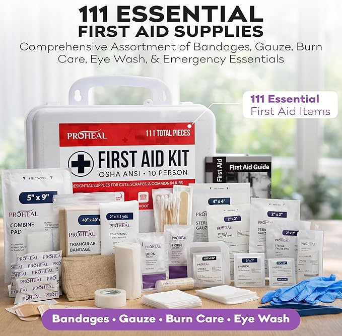 OSHA Compliant First Aid Kit - 10 Person, Type III, ANSI Class A, 111 Pieces Emergency Kit for Business, Office, Home, Vehicle, Truck, Car & Construction Site - Latex Free, Wall Mountable | ProHeal