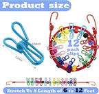 Portable Travel Clothesline,Adjustable Elastic Stretch Line with 12pcs Clothes Clips,for RV Outdoor and Indoor Camping Accessories (Red)