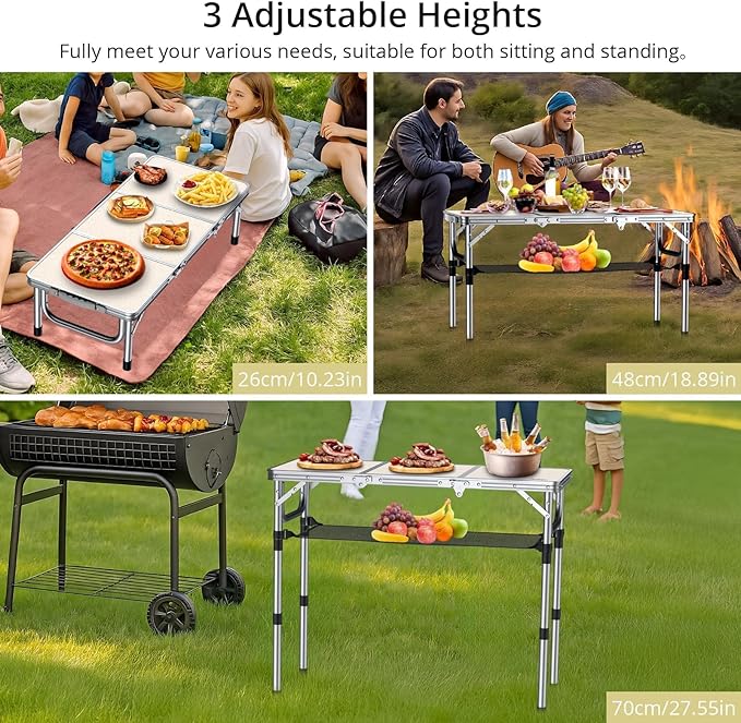 Anbte Folding Camping Table with Storage Net, 3ft Camping Table Aluminum Folding Table with 3 Adjustable Height Max 27.1 Inch, Portable, for Outdoor Backyard BBQ, Silver
