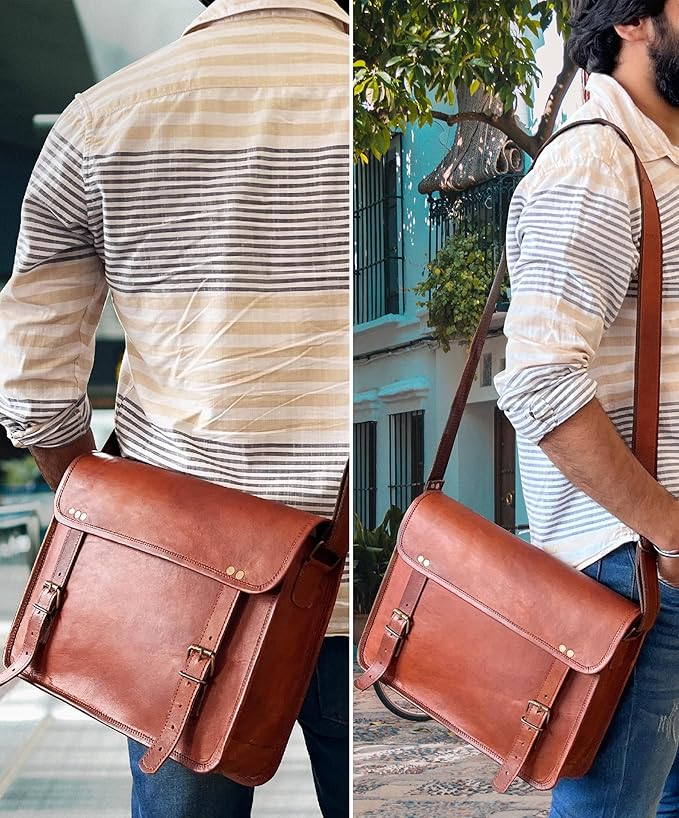 RUSTIC TOWN Leather Messenger Bag for Men Women - Full Grain Leather Laptop Satchel Office Shoulder Bag