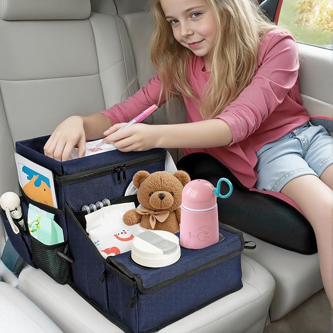 Backseat Organizer for Kids & Adults – Car Seat Cooler Warmer with 2-in-1 Writing Tray, Cup Holders & 11 Storage Compartments | Road Trip Car Organizer for Front & Back Seat (Black) (Navy Blue)