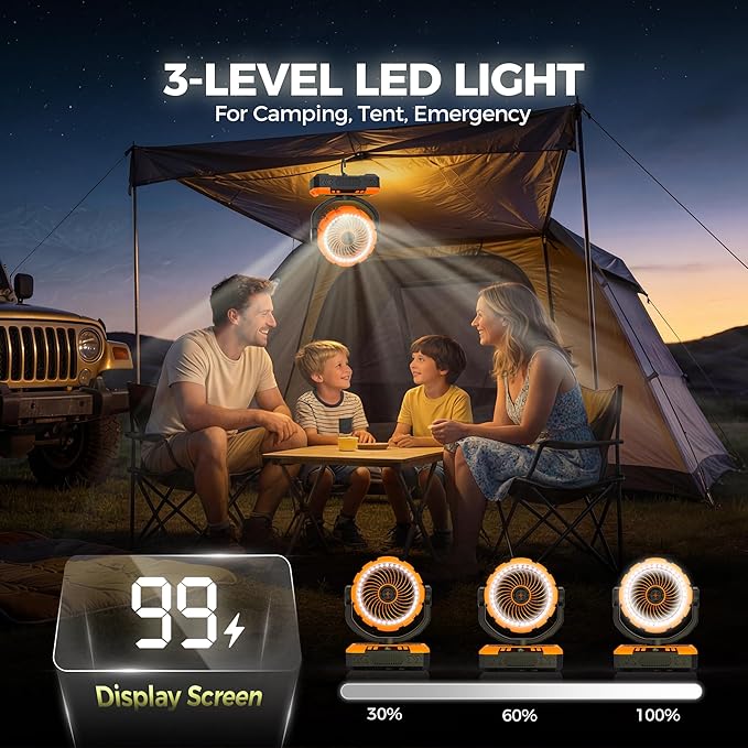 Rechargeable Camping Fan with Oscillating,【Max 60Hrs】Portable Battery Powered Operated Fan,20000mAh Outdoor Turbo Tent Fan & Light,Timer,Hook for Travel,Fishing,Jobsite,Beach,Indoor,Camping Essential