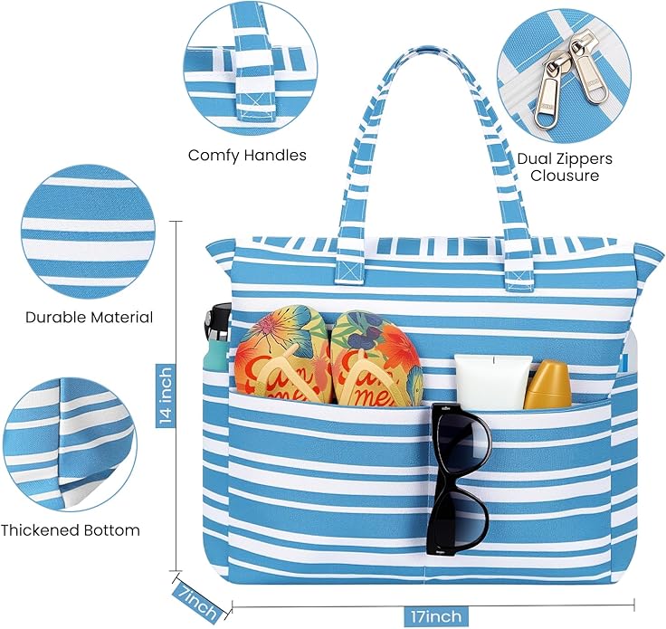 Trifabricy Beach Bags for Women Waterproof Sandproof Women Tote Bag, Large Beach Bag with Zipper for Gym Travel Vocation