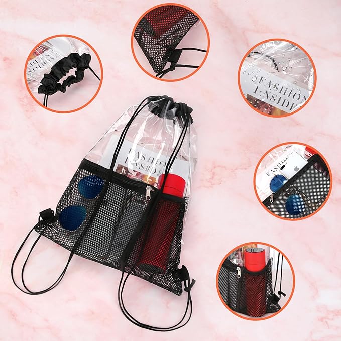 NATURAL STYLE 2 PACK Clear Drawstring Bag Stadium Approved, See Through Transparent PVC Drawstring Backpack, Clear Bag for for Concert Sport Festival Travel Work (Black)