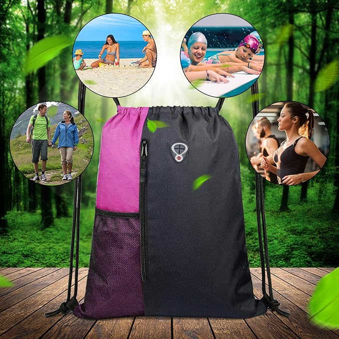 BeeGreen Sports Bag Drawstring Backpack With Water Bottle Pocket &Front Zippered Pocket Large String Bag Pack For Men Women