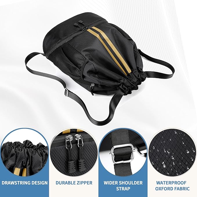 JELUTAR Drawstring Backpack Gym Bag with Shoes Compartment for Soccer, Basketball, Swim, Water-Resistant String Backpack Beach Cinch for Women Men, Black Gold