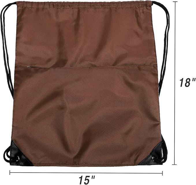 Drawstring Backpack Sports Water Resistant String Bag Sport Gym Sackpack for Women Men Students Large Size with Zipper, Brown