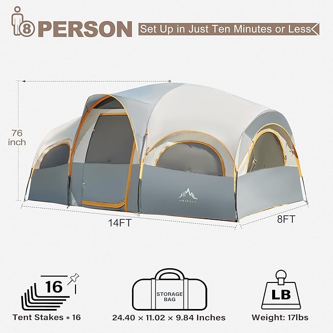 GoHimal 8 Person Tent for Camping, Waterproof Windproof Family Tent with Rainfly, Divided Curtain Design for Privacy Space, Portable with Carry Bag