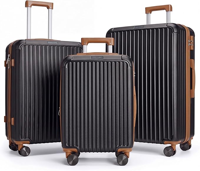 LIGHT FLIGHT Luggage Sets, Durable Hard Shell 3 Piece Set Suitcase with Spinner Wheels, Hardside Lightweight Luggage set with TSA Lock, Large Travel Luggage Set (20" 24" 28"),Black and Brown