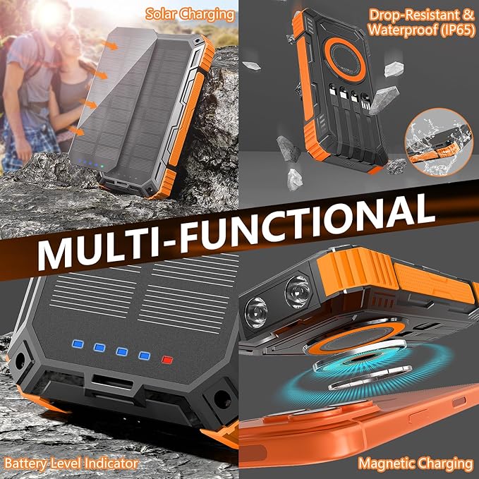 Solar Charger Power Bank– Clearance! 20000mah 15W Wireless Charger with PD22.5W Fast Charging Port, Portable Solar Panel Charger, Phone Charger Built-in 4 Cables– Only $19.99