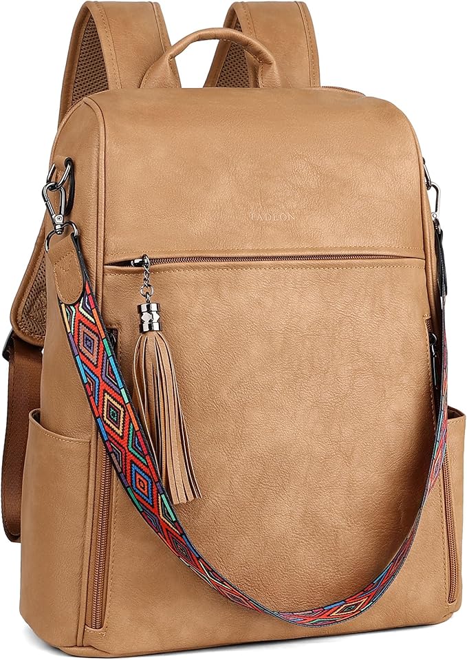 FADEON Leather Laptop Backpack for Women Designer 15.6 inch PU Laptop Bag, Ladies Travel Computer Work Backpack Camel Brown