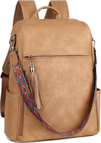 FADEON Leather Laptop Backpack for Women Designer 15.6 inch PU Laptop Bag, Ladies Travel Computer Work Backpack Camel Brown