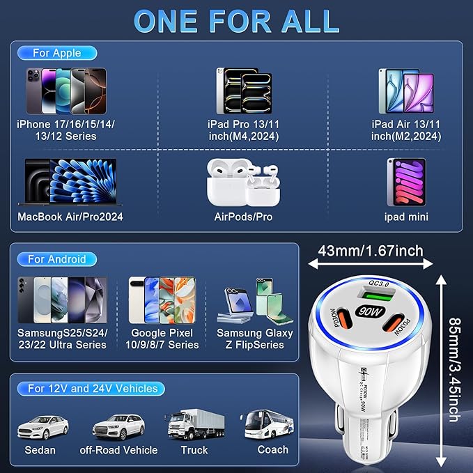 Amiss Car Charger Adapter, 3 Port USB-C & USB-A 90W Fast Charger, Car Interior Accessories, Essential Travel Gifts for Men and Women, Fit for iPhone 17/16/15/14/13Pro Max, Samsung, Android (White 1pc)