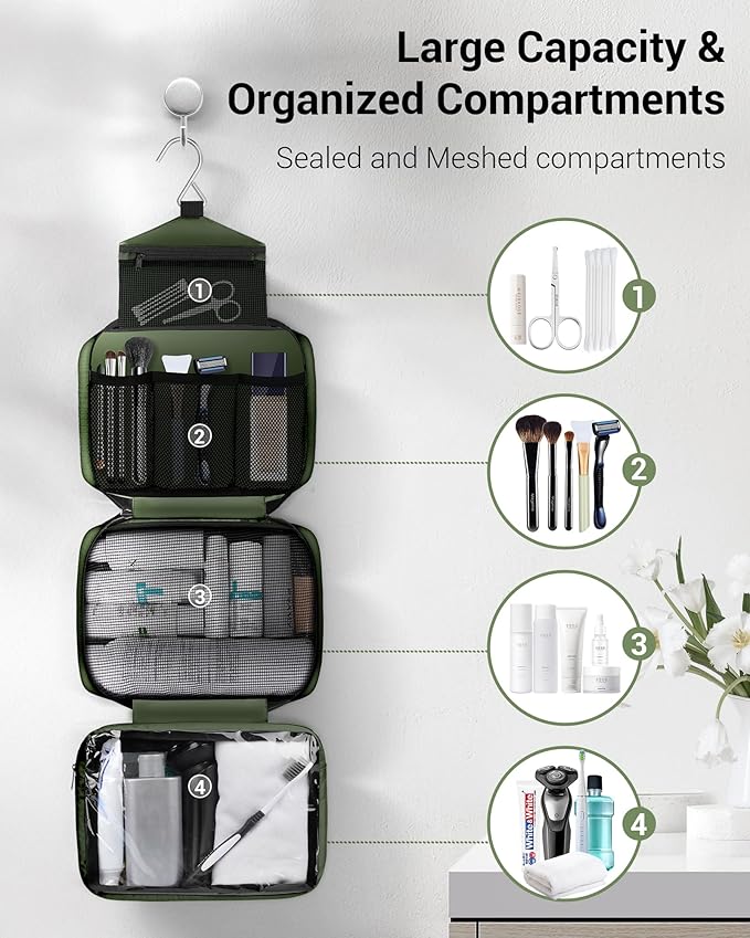 Maliton Toiletry Bag for Men & Women Travel Toiletry Bag Hanging Toiletry Bag Hygiene Organizer with 4 Compartments Waterproof Bathroom Shower Bag Large Toiletries Travel Bag (Olive Green)