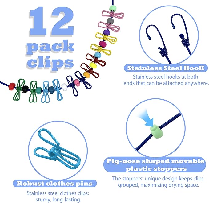 Portable Travel Clothesline,Adjustable Elastic Stretch Line with 12pcs Clothes Clips,for RV Outdoor and Indoor Camping Accessories (Blue)