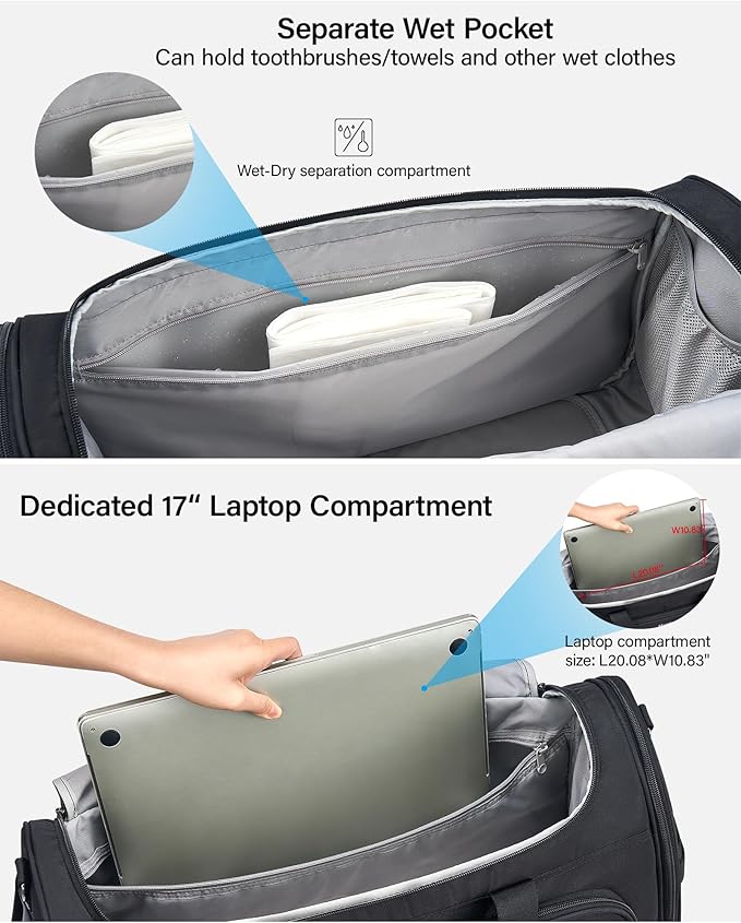 Hanke Large Capacity Travel Duffel Bag, Carry On Luggage with 12 Pockets, 17 Inch Laptop Compartment, Wet Dry Separation & Independent Shoe Bag, Lightweight Foldable Duffel Bag for Women Men（Black）