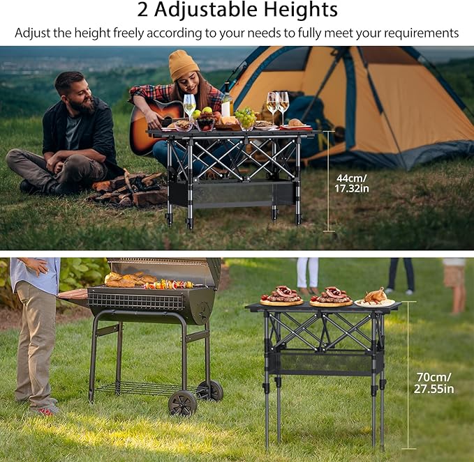 Anbte 2ft Small Roll Up Camping Table, 2 Adjustable Height Aluminum Portable Camping Table with Storage Net & Bag, Lightweight Waterproof Folding Table for Indoor Outdoor BBQ Picnic, 25” X 16”, Black