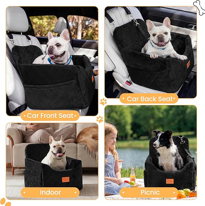HiPetpy Dog Car Seat 6" Elevated Memory Foam Booster Seat for Small Medium Dogs Under 35 lbs with Pet Blanket, Washable Pet Car Seat with Safety Leash, Anti-Slip Base and Storage Pockets