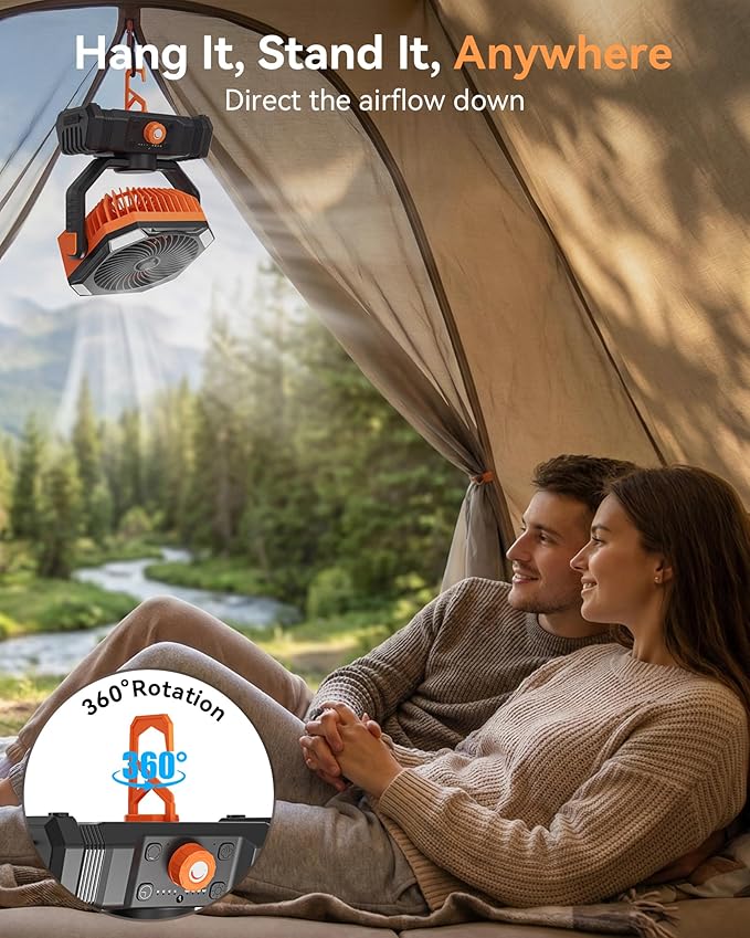 USONE Misting Fan, Portable Camping Fan Rechargeable, Battery Powered Fan for Camping with Light, Remote & Timer, Hanging Tent Fan with Hook for Outdoor fishing, Travel, Work/Summer Essential