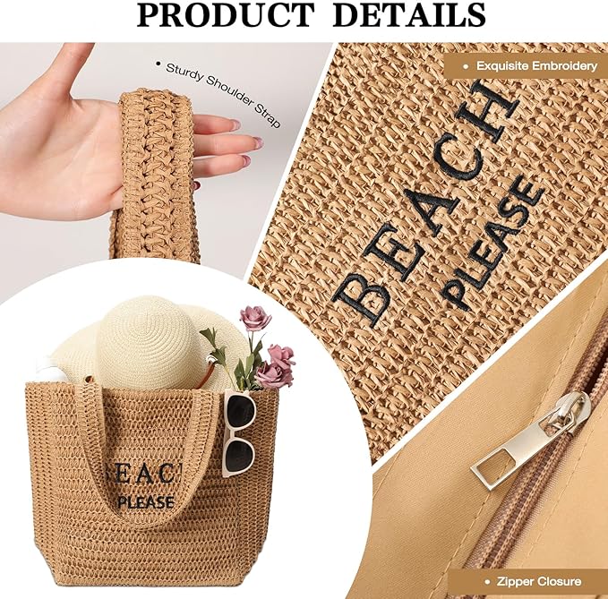 Tavaleu Straw Beach Bags for Women, Large Beach Bag Summer Woven Tote Bag Travel Shoulder Handbags for Holiday
