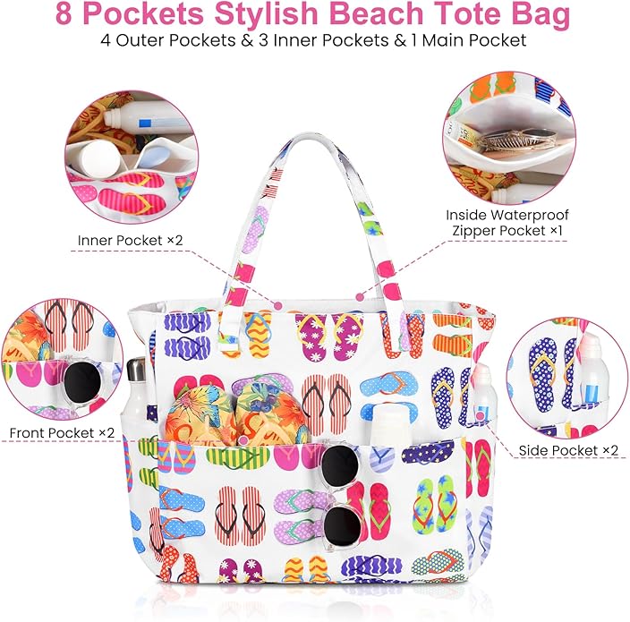 Trifabricy Beach Bags for Women Waterproof Sandproof Women Tote Bag, Large Beach Bag with Zipper for Gym Travel Vocation