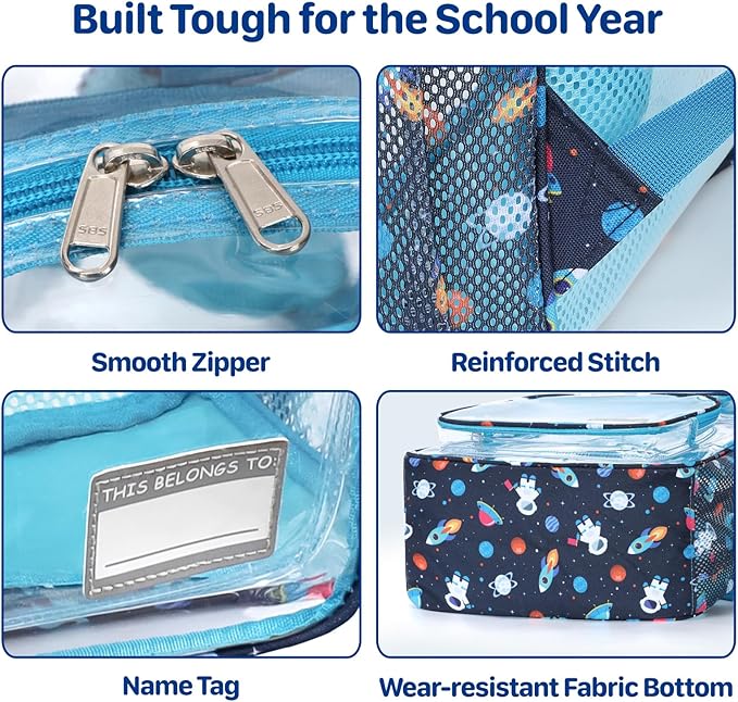 Bagseri Clear Backpack for Boys - 15 Inch Heavy Duty Kids Clear Bookbag for Kindergarten to Grade 2, Transparent School Bag with Reflective Strip, Fits Folders, Navy Space