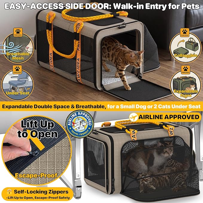 PAWZIDEA Expandable Pet Carrier Airline Approved, 18"×11"×11" Small Dog Carriers, Collapsible Top-Load Cat Carrier for 2 Cats Under Seat, Soft-Sided Puppy & Animal Travel Bag, ID Card, Up to 15lbs