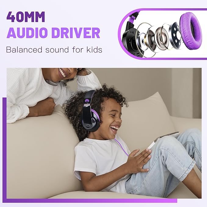 rockpapa Comfort Kids Headphones for School, Lightweight Foldable Portable Childs Boys Girls Teens Headphones Wired 3.5mm with 4.9ft Cord for Travel Airplane Tablet Phone Pad Laptop Black/Purple