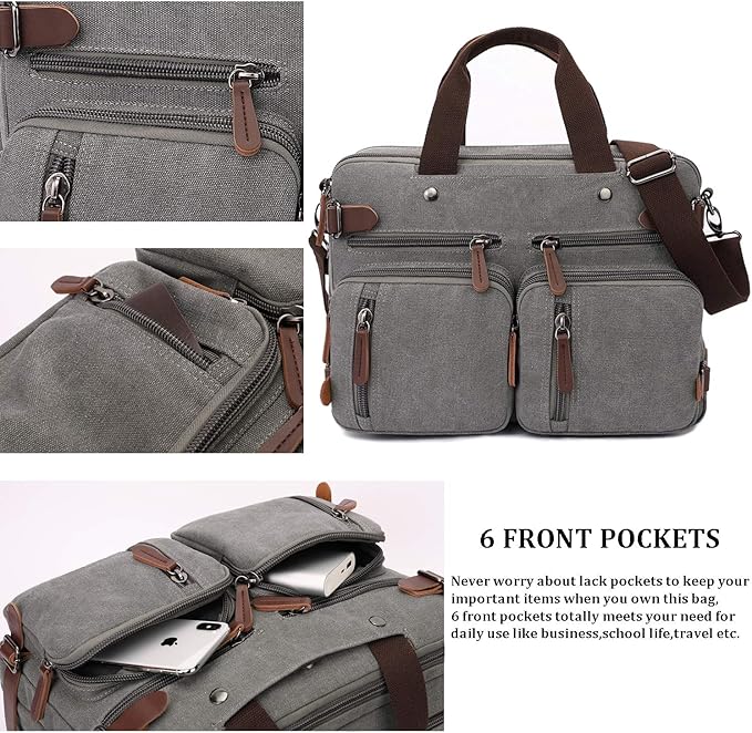 CROCOD 3 In 1 Canvas Convertible Laptop Bag for Men Women, 17.3 inch Laptop Messenger Bag Work Briefcase, Computer Shoulder Bag for Travel Business Office (17.3 Inch, Grey) | 3 In 1, Multi-pocket
