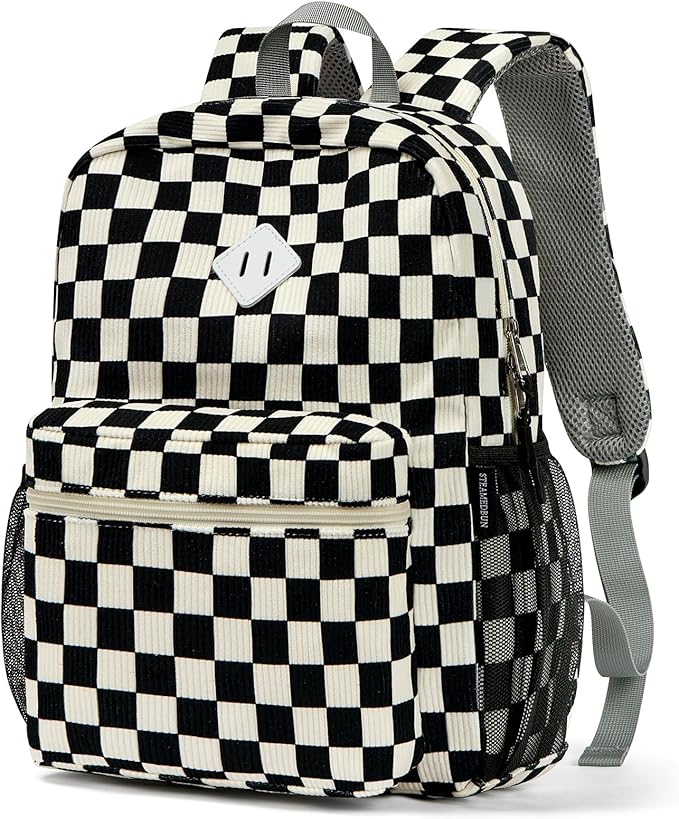 STEAMEDBUN Corduroy Kids Backpack for Boys Girls 3-8, Boys Backpack for Elementary Kindergarten - Checkered