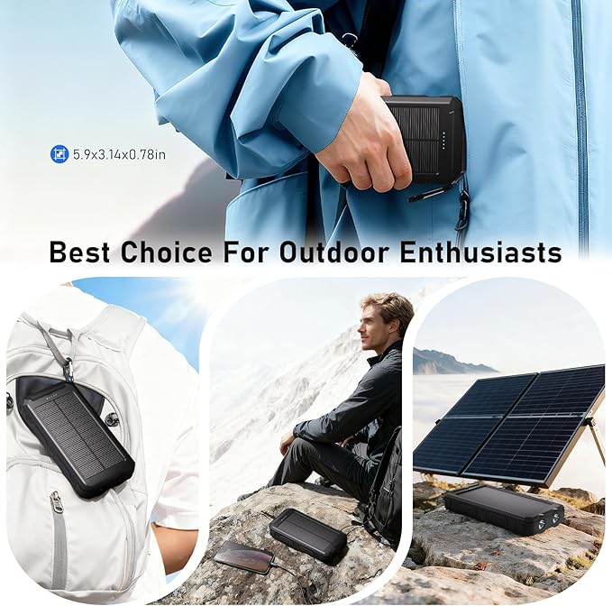 Solar Charger Power Bank 20,000mAh, Portable Charger, 4 Cables 3 Ports Fast Charging External Battery Pack with USB C for Cell Phones, Solar Panel Charger with Dual Flashlight for Camping Black