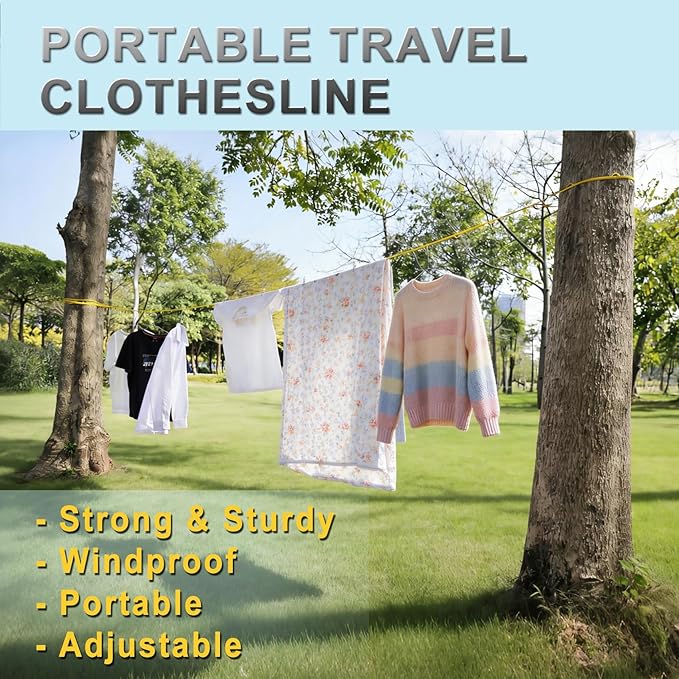 Portable Travel Clothesline, Windproof Clothes Laundry Line with Clothespins & Hang Holes, Indoor & Outdoor Clothes Drying Rope for Hotel, Backyard,Cruise Ships, Camping (Yellow, 20 Ft)