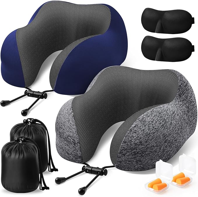 ExploreBliss Travel Pillow, 2 Pack Travel Pillows for Sleeping Airplane, Neck Pillow Airplane, Memory Foam Neck Pillow Set with Eye Mask, Earplugs and Storage Bag -Grey & Blue