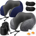ExploreBliss Travel Pillow, 2 Pack Travel Pillows for Sleeping Airplane, Neck Pillow Airplane, Memory Foam Neck Pillow Set with Eye Mask, Earplugs and Storage Bag -Grey & Blue