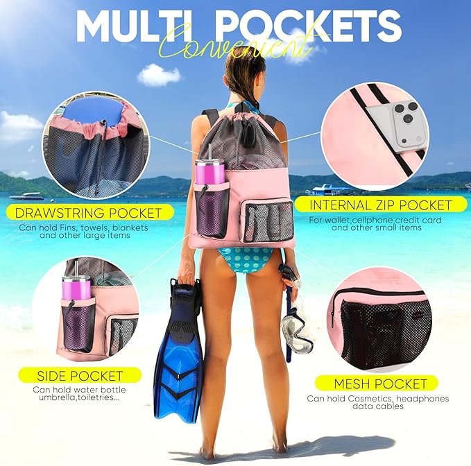 HOHOM Swim Mesh Beach Bag, Waterproof Gym Bags for Women and Men, Large Pool Bag Swimming Gear Drawstring Backpack