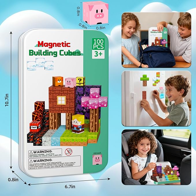Magnetic Blocks Travel Magnetic Building Blocks Cubes - 100 PCS Tin Box Magnet Toys Set STEM Educational Stacking for Kids Ages 3 4 5 6 7 8 9 10 11 12 Year Old Boys Girls Birthday Christmas