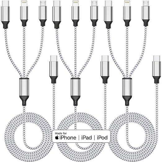 Multi Charging Cable 4ft 3Pack 3 in 1 Charger Cord, Multiple Usb C Port Rapid Nylon Braided Cable USB Charging Cable Multi Phone Charger Cord with Type C Micro Lightning USB Connectors for Cell Phones