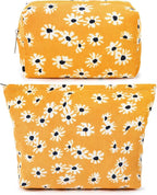 SOIDRAM 2 Pieces Flower Makeup Bag Large Cosmetic Bag Capacity Canvas Mix Travel Toiletry Bag Organizer Cute Makeup Brushes Aesthetic Accessories Storage Bag for Women,Little Flower Mix Yellow