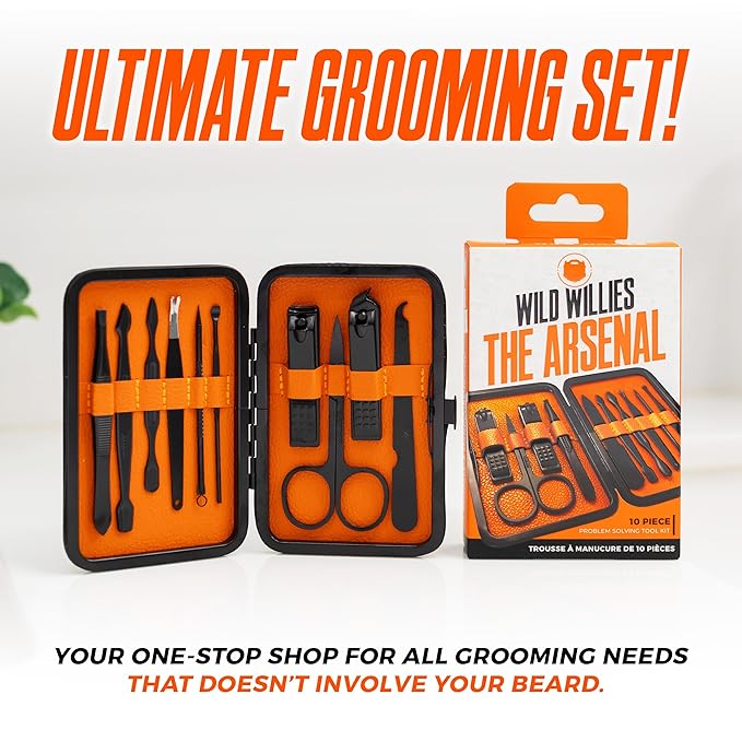 Wild Willies 10-Piece Pedicure & Manicure Kit for Men & Women - Includes Nail Clippers, Scissors, Tweezers, Files - Compact Travel Nail Grooming Kit, Mens Nail Care Set