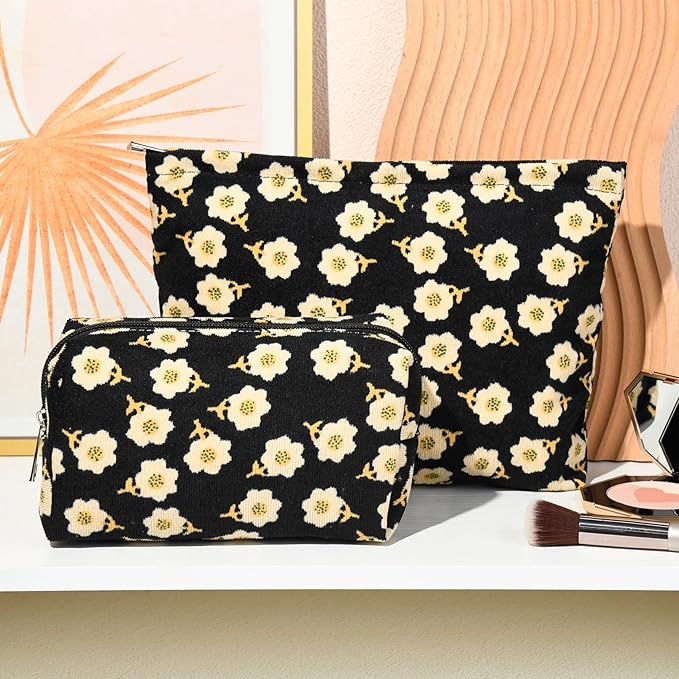 SOIDRAM 2 Pieces Flower Makeup Bag Large Cosmetic Bag Capacity Canvas Mix Travel Toiletry Bag Organizer Cute Makeup Brushes Aesthetic Accessories Storage Bag for Women, Flower Mix Black