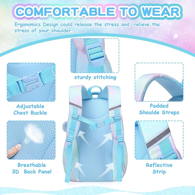 PIG PIG GIRL Kids Backpack for Girls - School Bags for Middle School Students - Book Bag for Elementary Primary - Blue