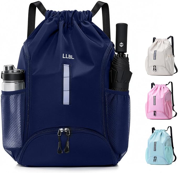 Drawstring Gym Backpack, Sports Bag with Adjustable Shoulder Straps, Cinch Sack for Fitness, Swimming, Travel (Navy)