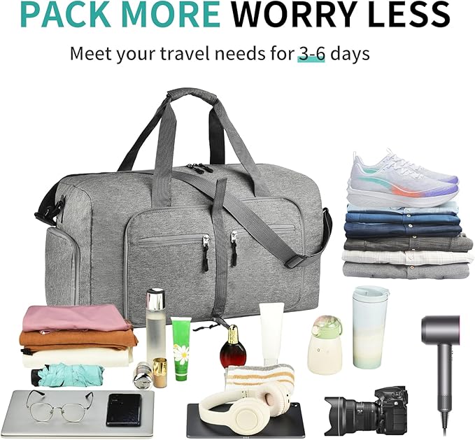 Dimayar 40L Travel Duffle Bag - Foldable Duffel Bag with Shoes Compartment - Overnight Bags Waterproof & Tear Resistant(Gray)